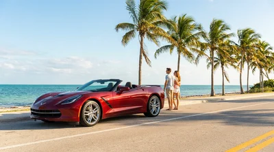 White car rental driving on a sunny coastal highway lined with palm trees in Florida