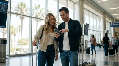Man checking his watch at a car rental counter inside a California airport