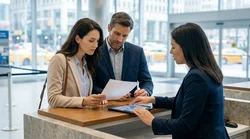 Customer signing car rental documents at a brightly lit desk in New York