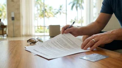 Person signing a document on a wooden desk next to keys for a Florida car hire