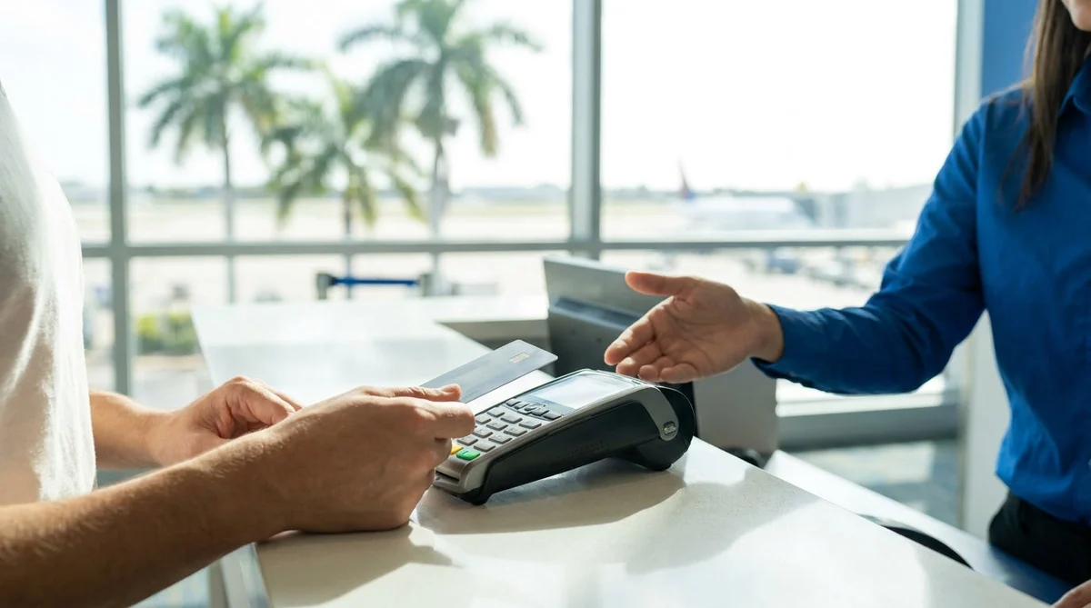 Customer handing a credit card to an agent at a car rental counter in Miami