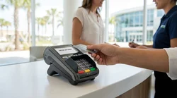 Hand inserting a credit card into a payment terminal at a Florida car hire counter