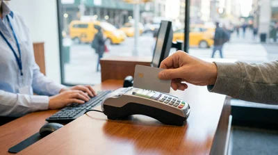 Hands inserting a credit card into a payment terminal at a New York car rental desk