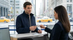 Customer handing a credit card to a car rental agent at a counter in New York