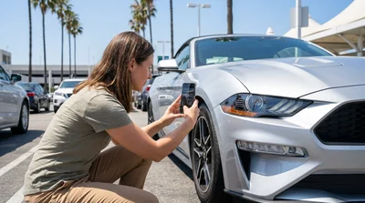 Person using a smartphone to photograph a car rental parked on a sunny Los Angeles street with palm trees