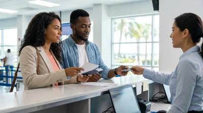 Smiling customer receiving keys from an agent at a car rental desk in Florida