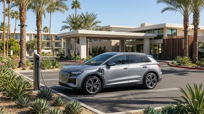 White electric car rental plugged into an EV charger at a California hotel