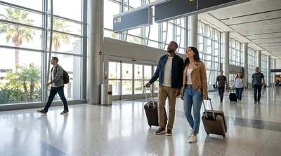 Travelers with luggage boarding a car rental shuttle outside Terminal 8 at the Los Angeles airport