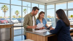 A customer signing paperwork and receiving keys at a car rental desk in Texas