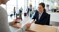 A driver handing a driving document to an agent at a New York car rental desk