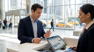 Customer receiving keys from an agent at a car hire counter in New York