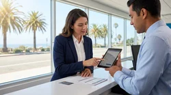 Person receiving keys from an agent at a bright car rental counter in Los Angeles