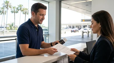Customer receiving keys from an agent at a car rental desk in Los Angeles