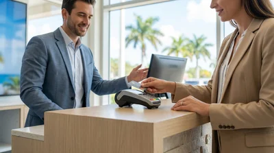 Person handing a credit card to an agent at a car hire counter in Florida