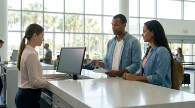 Close-up of a customer handing a credit card to an agent at a car rental desk in Orlando