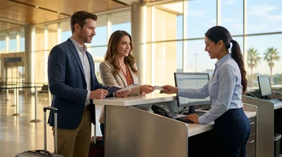 Two people handing driver's licenses to an agent at a car rental counter in Texas
