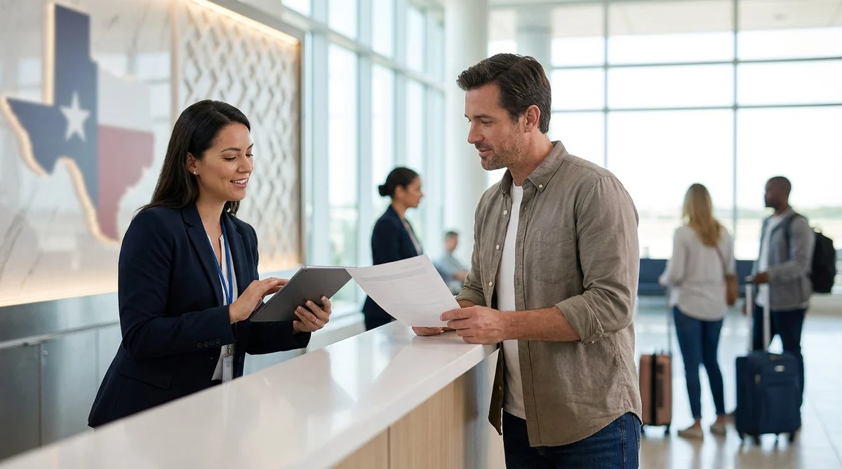 Smiling customer receiving keys from an agent at a bright car rental desk in Texas