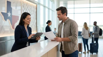 Smiling customer receiving keys from an agent at a bright car rental desk in Texas