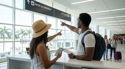 Traveler with luggage approaching a Hola car hire counter in a Miami airport terminal