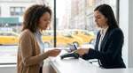 Close-up of a person holding a credit card at a car rental counter in New York