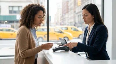 Close-up of a person holding a credit card at a car rental counter in New York