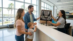 A parent holding a child car seat at an Orlando airport car rental desk