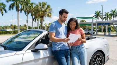 Person driving a white car rental on a sunny coastal highway in Florida surrounded by palm trees