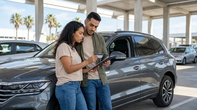 Customer handing a credit card to an agent at a car rental desk in the United States