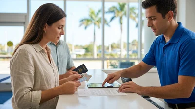 Two people standing next to a white car rental exchanging keys on a sunny Florida road