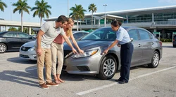 Person inspecting a scratch on the door of a white car rental parked under palm trees in Florida