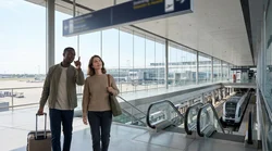 Passengers at the San Francisco BART station boarding the red AirTrain to the car rental center