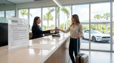 A traveler handing a credit card to an agent at a car rental desk in Orlando
