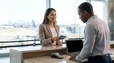 Close-up of a service agent handing keys to a customer at a car rental desk in New York