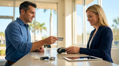 Close-up of a customer handing a credit card to a clerk at a Florida car hire counter