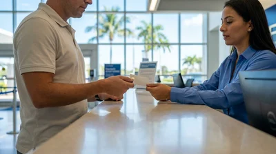 Close-up of a person handing a credit card to an agent at a car rental desk in Florida