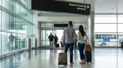 Travelers with luggage walking past signs for car rental at JFK Airport Terminal 8 in New York