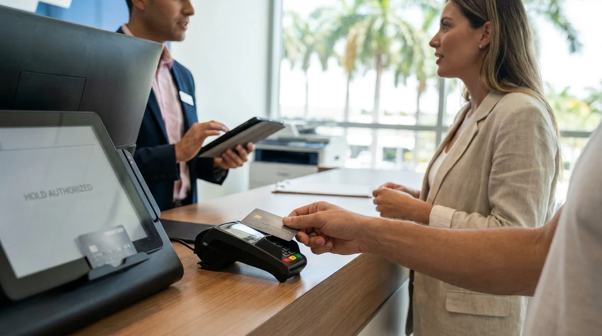 Person handing a credit card to an employee at a car rental counter in Miami