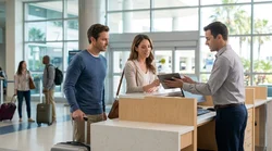 Traveler signing documents at a car rental counter in Orlando airport
