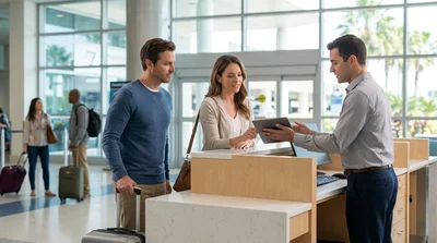 Traveler signing documents at a car rental counter in Orlando airport