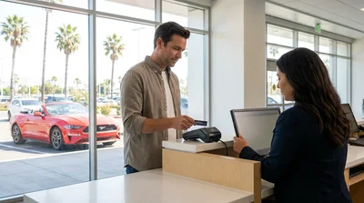 Customer presenting a credit card to an agent at a car hire counter in California
