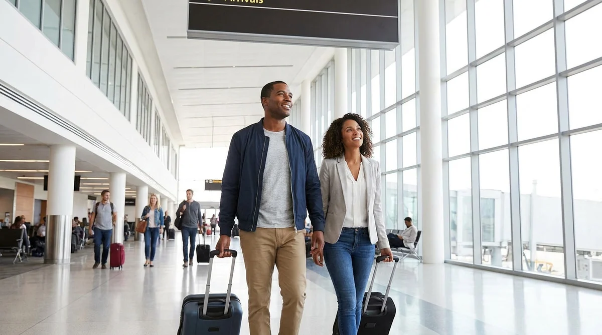 Travelers with luggage walking toward a car rental shuttle bus outside the DFW airport terminal in Texas