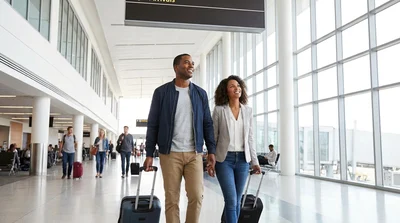 Travelers with luggage walking toward a car rental shuttle bus outside the DFW airport terminal in Texas