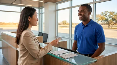 Person handing a driver's license to an agent at a Texas car rental desk