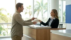 Close up of hands holding car keys and a license at a Florida car rental counter