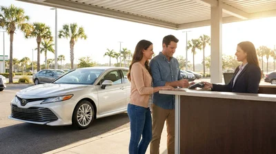 Two smiling friends driving a modern car hire along a sunny palm-lined highway in Florida