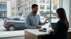 Person holding a smartphone next to a parked car rental on a New York street