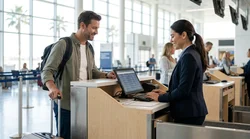Traveler with luggage receiving keys at a bright car rental counter in Orlando