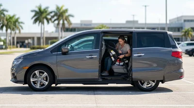 Parent installing a child safety seat in the back of a Florida car rental vehicle