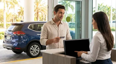 Close up of a customer paying with a credit card at a car rental counter in Miami