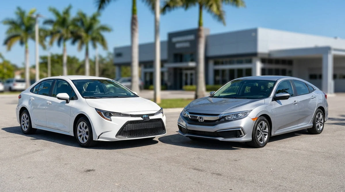 Row of parked vehicles at a sunny Florida car rental lot lined with palm trees